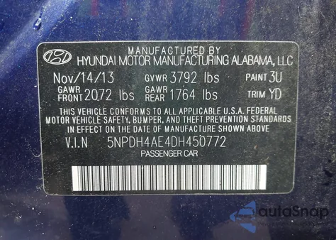 2013 Hyundai Elantra Limited z USA, uszkodzony, nr VIN 5NPDH4AE4DH450772